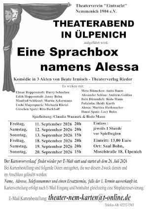 Flyer Theaterstück 2026: Eine Sprachbox namens Alessa.